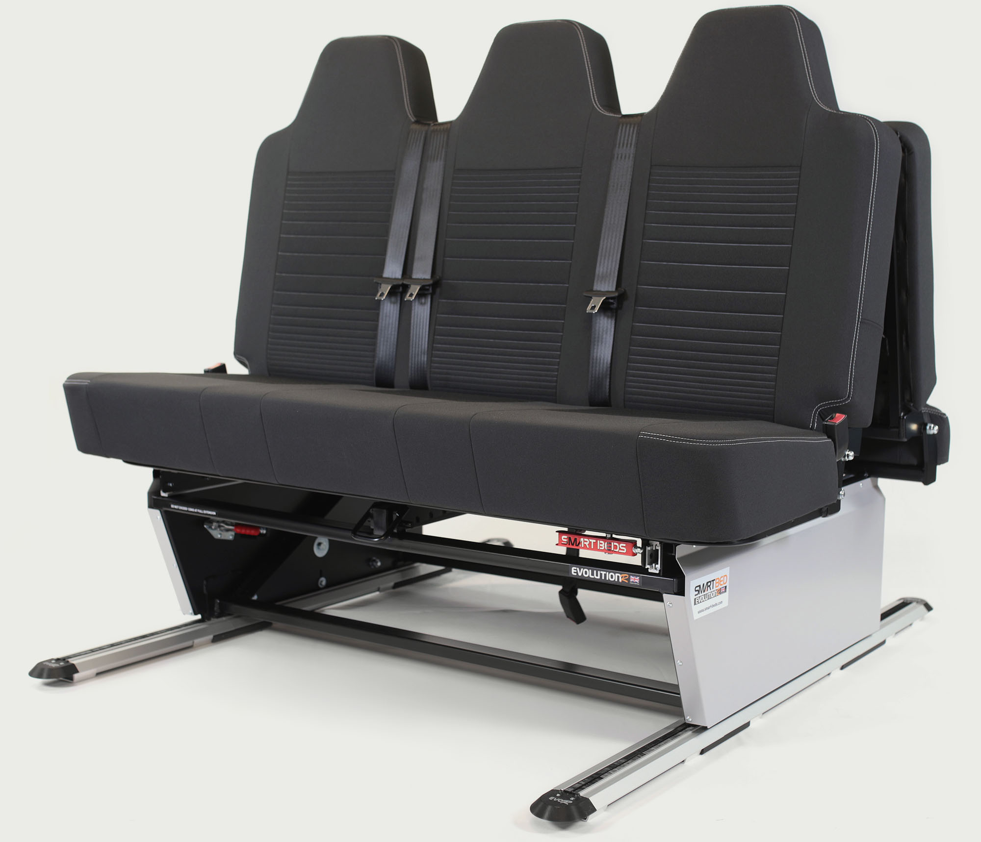 Full width sliding rock and roll bed
